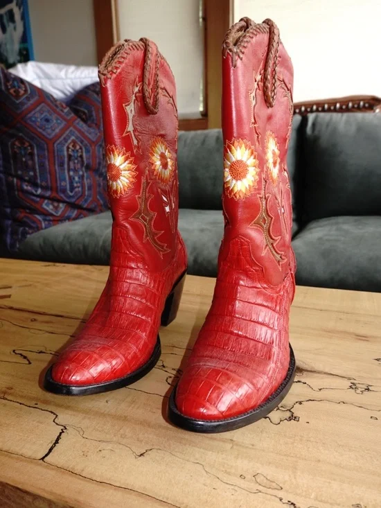 Frye Jennifer Estes Crocodile Western Boots Women 8B Red Exotic Cowboy Boot - Picture 4 of 14
